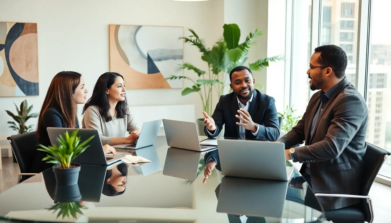 diverse team discussing work-life balance in a modern office.