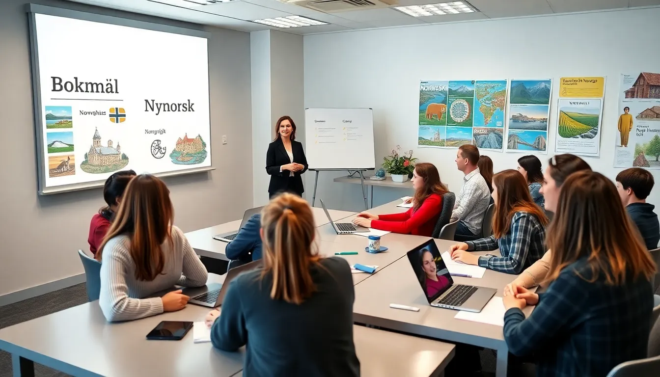 diverse adult learners studying Norwegian in a modern classroom.
