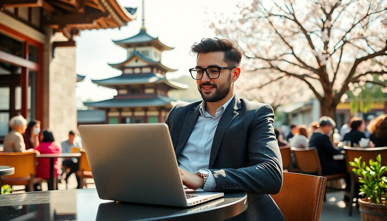 digital nomad working in a café with a Japanese temple in the background.